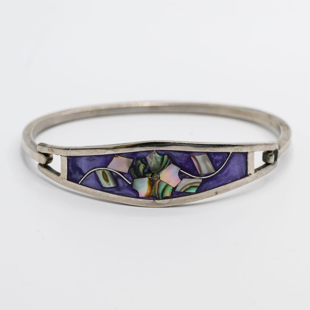 Taxco Mexico Sterling Silver Mother of Pearl Inlay Hinged Cuff Bracelet Purple